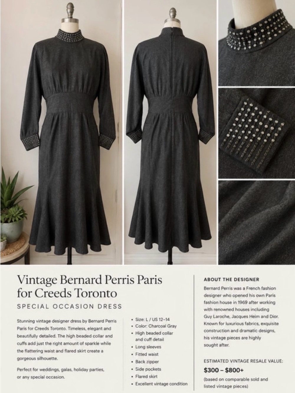 Charcoal Gray Long Sleeve Beaded Neck Dress